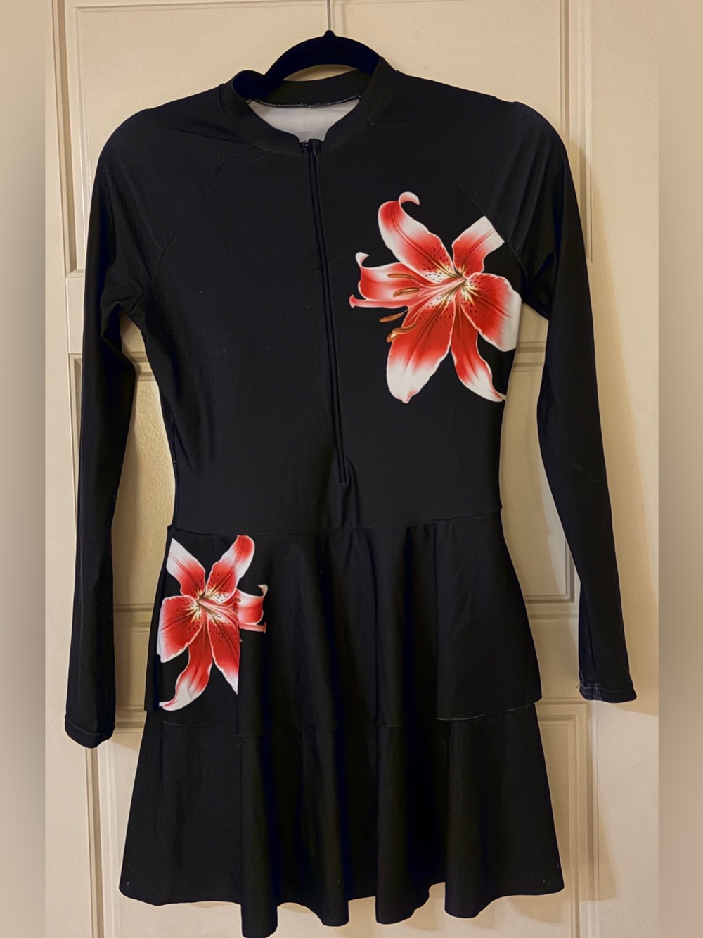 Black Long-Sleeve swimsuit Dress with Red Floral Prints very pretty.